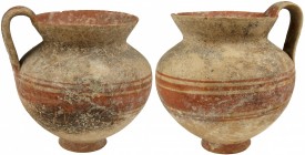 Daunian Pottery olpe.
 Bulbous body, strap handle, flared rim and painted reddish-brown bands.
 3rd century BC.
 H. 12 cm (with handle).