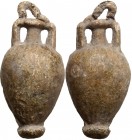 Roman cast lead weight of frame in the form of miniaturistic amphora.
 Moulded lead, 31x14 mm. 20.13 g.