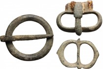 Lot of 3 bronze belt terminals.
 Roman period, 1st-4th century AD.
 31.5 mm, 31 mm, 29 mm.