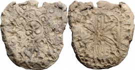 Lead Holy Water pilgrim's(crusader?) ampulla. Fragment of lead Holy Water pilgrim's (crusaders?) ampulla.
 Circa 12th - 15th century AD.
 30x28 mm. ...