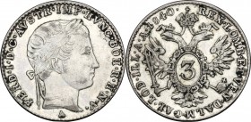 Austria. Ferdinand I (1835-1848). AR 3 Kreuzer 1840 A, Vienna mint. Frühwald 900. AR. g. 1.69 mm. 18.00 About EF/Good VF.