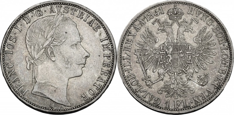 Austria. Franz Joseph (1848-1916). AR Florin 1861 A, Vienna mint. Herinek 526. A...