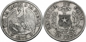 Chile. AR Peso, 1875. KM 142.1. AR. g. 24.56 mm. 38.00 VF.