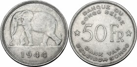 Congo Belga. AR 50 Francs, 1944. KM 27. AR. g. 17.39 mm. 35.00 About EF.