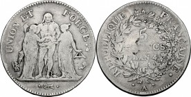 France. Directorium (1795-1799). AR 5 Francs, AN 4 A, Paris mint. Gad. 563. AR. g. 24.89 mm. 37.00 Good F.
