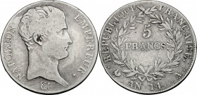 France. Napoleon (1804-1814). AR 5 Francs AN 14 A, Paris mint. Gad. 580. AR. g. 24.67 mm. 37.50 VF/About VF.