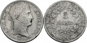 France. Napoleon (1804-1814). AR 5 Francs 1808 B, Rouen mint. Gad. 583. AR. g. 24.92 mm. 37.00 VF.