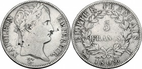 France. Napoleon (1804-1814). AR 5 Francs, 1809 B, Rouen mint. KM 694.2. AR. g. 24.79 mm. 37.00 About VF.