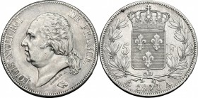 France. Louis XVIII (1814-1824). AR 5 Francs 1822 A, Paris mint. Gad. 614. AR. g. 24.95 mm. 37.00 Some light iridescent hues. About EF.