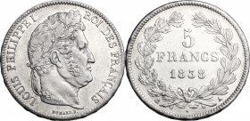 France. Louis Philippe I (1830-1848). AR 5 francs 1838 A, Paris mint. Gad. 678. AR. mm. 37.00 Lustrous. EF/Good EF.
