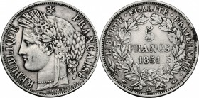 France. Second Republic (1848-1851). AR 5 Francs 1851, Paris mint. Gad 719. AR. g. 24.89 mm. 37.00 Slightly toned. VF.