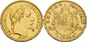 France. Napoleon III (1852-1870). AV 20 Francs 1864. Gad. 1062. Fr. 585. AV. g. 6.42 mm. 21.20 VF+.