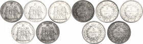 France. Third republic (1871-1940). Lot of 5 coins: AR 5 francs 1873 K and A, 1875 K and A, 1876 A, Bordeaux and Paris mint. Gad. 745a. AR. mm. 37.00 ...