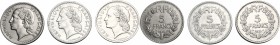 France. Third republic (1871-1940). Lot of 3 Nickel and Aluminium coins: 5 francs 1935, 1938, 1946C. Gad. 760, 766. Nickel and Aluminium. VF-EF.