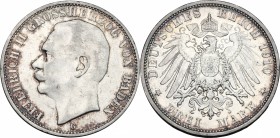 Germany. Friedrich II (1907-1918). AR 3 Mark, Baden, Karlsruhe mint, 1910 G. KM 280. AR. g. 16.58 mm. 33.00 Partly toned with red and blue iridescent ...