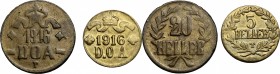 Germany, East Africa. Wilhelm II (1888-1918). Lot of 2 coins: 20 (VF) and 5 Heller (EF+) 1916. KM 14.1 and 15a. Brass. mm. 28.50 Issued during the Wor...