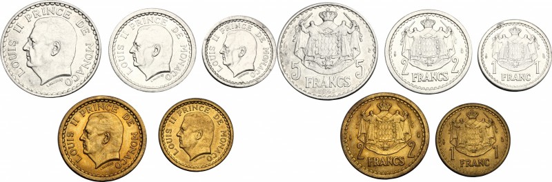 Monaco, Principality of. Louis II (1922-1949). Lot of 5 coins: 5 Francs 1945 AL,...