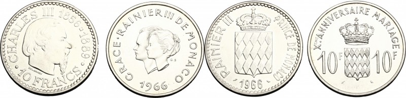 Monaco, Principality of. Ranieri III (1949-2005). Lot of AR 2 coins: 10 Francs 1...