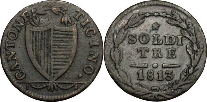 Switzerland. BI 3 Soldi, Tessin mint, 1813. HMZ 2-928b. BI. g. 1.77 mm. 19.00 To...