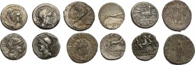 Roman Republic and Roman Empire. Multiple lot of 5 AR Denarii; including: Cr. 259/1, 302/1, 304/1, 328/1, 394/2a; and 1 AR Antoninianus of Trebonianus...