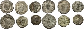The Roman Empire. Multiple lot of 6 AR denominations; including: Commodus, Trebonianus Gallus, Gordian III, Valerian, Severus Alexander and Caracalla....