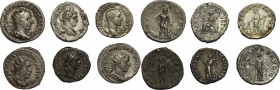 The Roman Empire. Multiple lot of 6 AR denominations; including: Severus Alexander, Caracalla, Domitian, Valerian, Gordian III and Trebonianus Gallus....