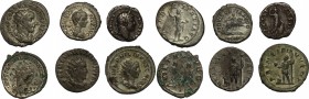 The Roman Empire. Multiple lot of 6 AR denominations; including: Philip II, Gordian III, Trebonianus Gallus, Valerian, Hadrian and Caracalla. AR. VF:A...