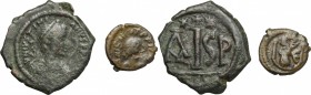 The Byzantine Empire. Multiple lot of 2 AE denominations; including: 16 Nummi, Thessalonica mint. AE. About VF:F.