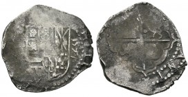 FELIPE II (1556-1597). 2 Reales. (Ar. 6,77g/27mm). 1597. Sevilla. (Cal-424). Fecha a derecha del escudo en vertical. BC.