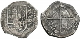FELIPE II (1556-1598). 2 Reales. (Ar. 6,53g/26mm). 1597. Toledo. (Cal-451). Fecha a derecha del escudo en vertical. BC+.
