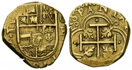 FELIPE IV (1621-1665). 2 Escudos. (Au. 6,65g/19mm). 1630-1635. Probablemente Cartagena de Indias. (¿Cal-tipo 376?). MBC+.