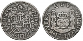 FELIPE V. (1700-1746). 2 Reales (Ar. 6.54g/26mm) 1745. México. Cal-2019-834. Variante HIP en lugar de HISP. MBC. Rara.