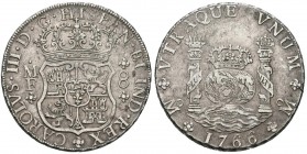 CARLOS III. 8 Reales. 1766. México MF. Columnario. Cal-904. Ar. 27,07g. MBC+.