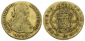 CARLOS IV (1788-1808). 1 Escudo. (Au. 3,37g/17mm). 1793. Madrid MF. (Cal-1110). MBC-.