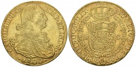 CARLOS IV (1788-1808). 8 Escudos (Au.27.15g/35.8mm) 1800/1799. Santa Fe de Nuevo Reino. (Cal-2019-1734; Cal. Onza 1133). Golpe en el canto. MBC/MBC+. ...