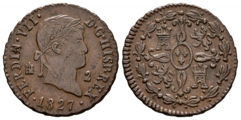 FERNANDO VII (1808-1833). 2 Maravedís. (Cu. 2,69g/19mm). 1827. Segovia. (Cal-149...