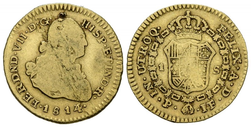 FERNANDO VII (1808-1833). 1 Escudo. (Au. 3,29g/19mm). 1814/3. Popayán JF. (Cal-1...