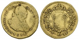 FERNANDO VII (1808-1833). 1 Escudo. (Au. 3,29g/19mm). 1814/3. Popayán JF. (Cal-1529). Busto de Carlos IV. MBC-. Intento de perforación.