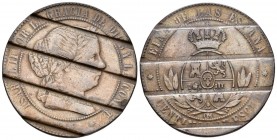 ISABEL II (1833-1868). 5 Céntimos de escudo. (Ae. 12.21g/32.4mm). 1868. Barcelona. Desmonetizada. Cal-655. MBC.