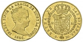 ISABEL II (1833-1868). 80 Reales. (Au. 6,77g/21mm). 1846. Barcelona PS. (Cal-715). MBC+. Golpecito en anverso.