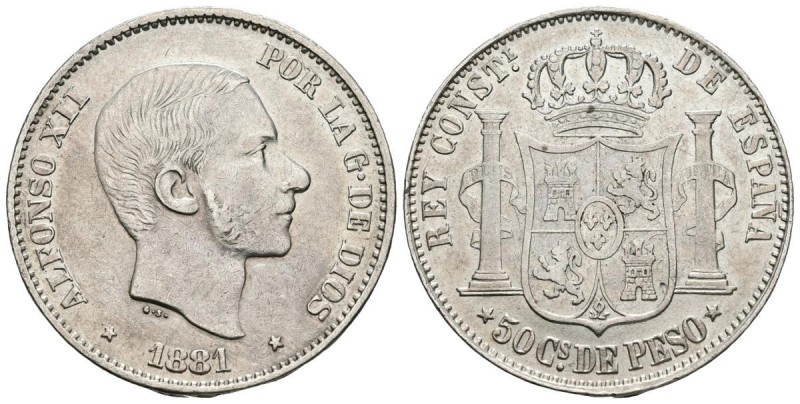 ALFONSO XII. (1874-1885). 50 Centavos de Peso (Ar.12.83g/29.8mm).1881. Manila. (...