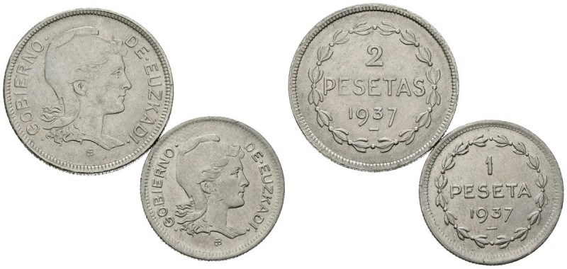 EUZKADI. Serie completa con los valores 1 Peseta y 2 Pesetas. 1937. (Cal-14 y Ca...