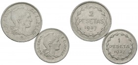 EUZKADI. Serie completa con los valores 1 Peseta y 2 Pesetas. 1937. (Cal-14 y Cal-15). MBC+.