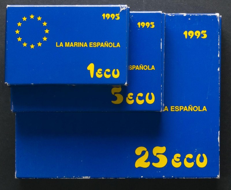 JUAN CARLOS. Serie de plata con los valores: 1, 5 y 25 Ecu. 1995. "LA MARINA ESP...