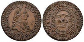 CARLOS IV. Medalla de Proclamación de Carlos IV (1788-1808). Módulo de 2 Reales. (Cu. 12,05g/27mm). 1789. Jerez de la Frontera, Cádiz. MBC+. Rara.