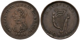IRLANDA. Medalla o token con valor de 1 Penny. (Cu. 15,09/34mm). 1814. Pieza acuñada por Edward Stephens en la ceca privada de Dublín. MBC+. Golpe en ...