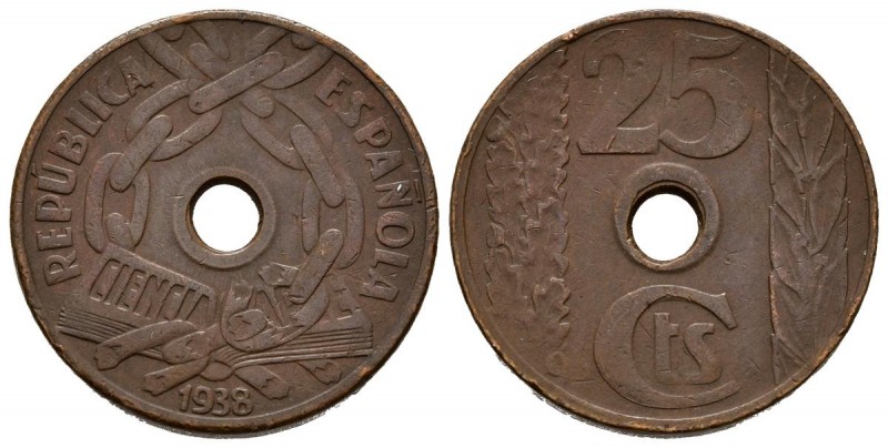 II REPUBLICA. 25 Céntimos. (Ae. 4,97g/21mm). 1938. Madrid. (Cal-20 var). Perfora...