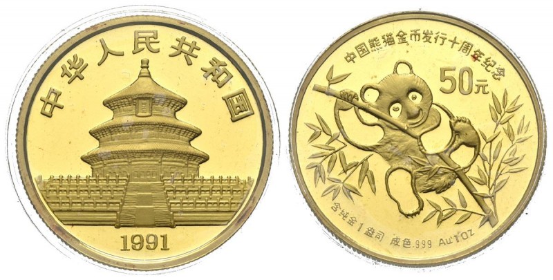 CHINA. 50 Yuans. (Au. 31,07g/27mm). 1991. (Km#357). PROOF. Presentado en encapsu...