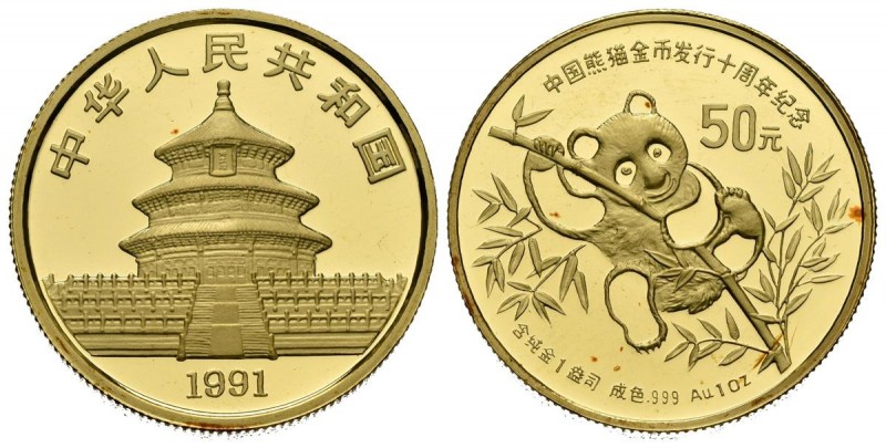 CHINA. 50 Yuans. (Au. 31,07g/27mm). 1991. (Km#357). PROOF. Presentado en encapsu...