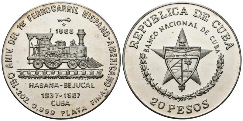 CUBA. 20 Pesos. (Ar. 62,17g/45mm). 1988. "150º Aniversario del 1º ferrocarril es...